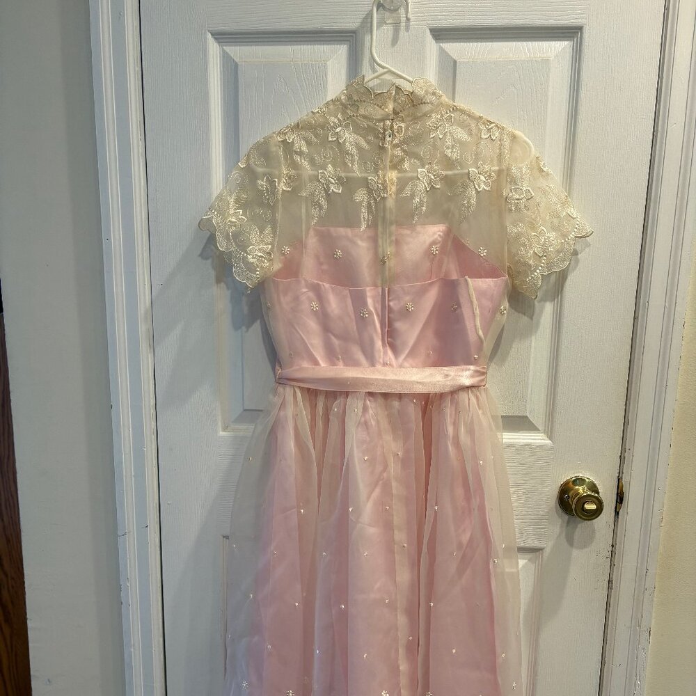 VTG 80s Party Tea Dress Women 5/6 Bridesmaid Chiffon Pink Cream Easter Prom - Picture 3 of 11